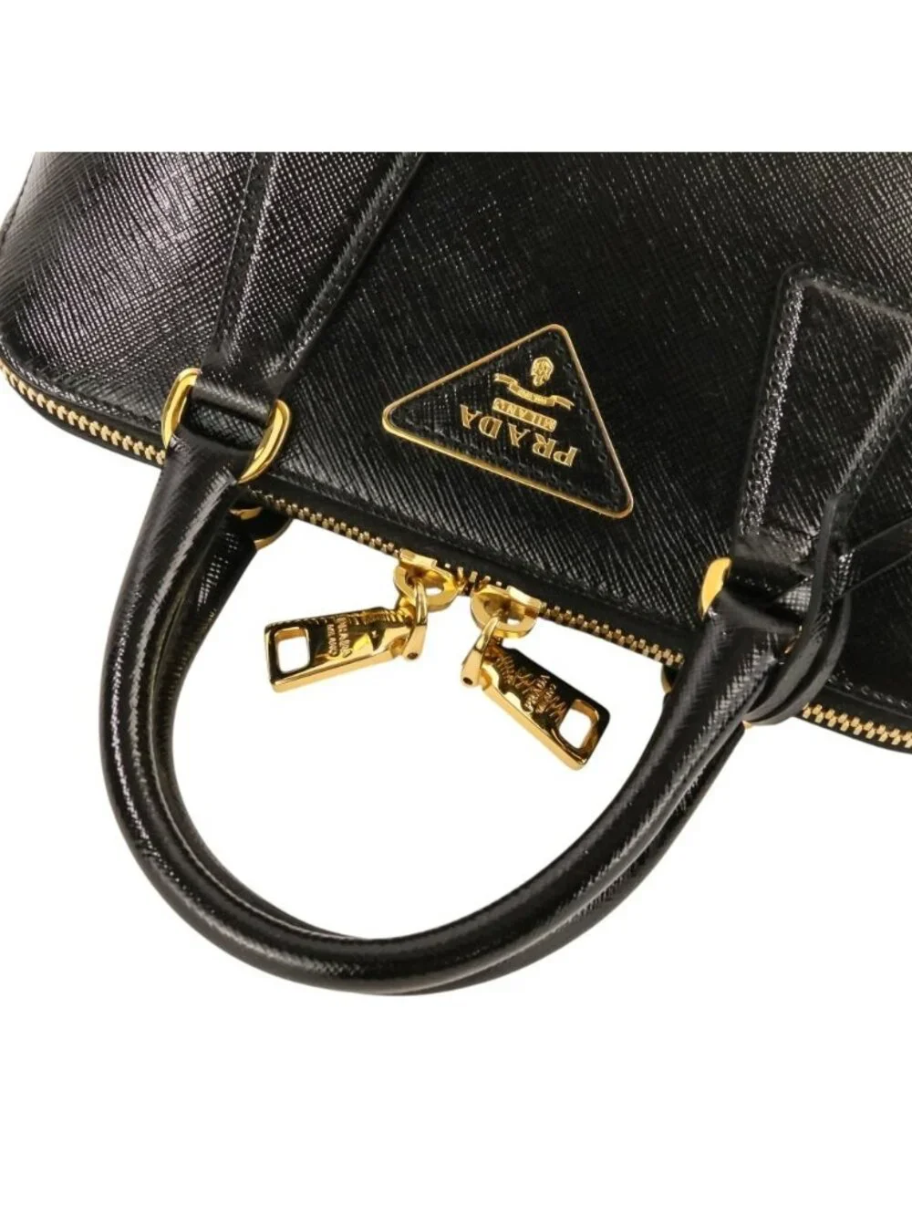 Prada Triangle Logo Leather Saffiano Vernis Clock 2-Way Shoulder Bag Black